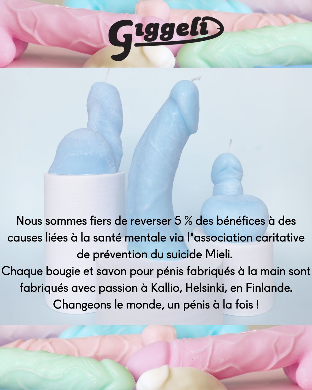 Rejoignez le projet Giggeli dans un voyage pour briser les tabous et embrasser la beauté du corps humain avec des bougies pour pénis faites à la main, des savons pour pénis et un design phallique.